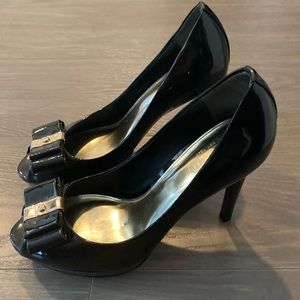 Coach Black Patent Leather Heels w/ Gold Bow